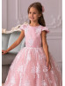 Ivory Lace Blush Pink Tulle V Back Flower Girl Dress